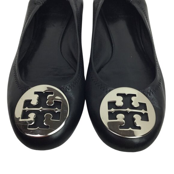 Tory Burch Black Leather Minnie Travel Ballet Flats W/ Silver Logo Womens 7 - Picture 11 of 11